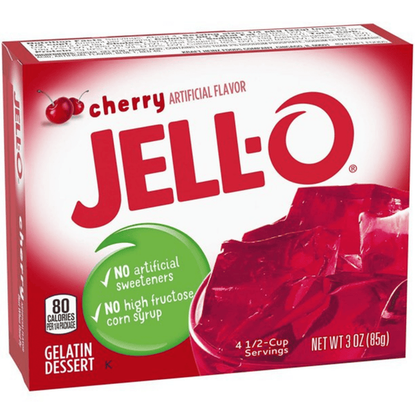 jell-o cherry gelatin dessert mix 85g front